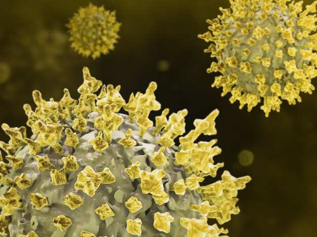 Rendering 3D di cellule microbiche gialle del coronavirus