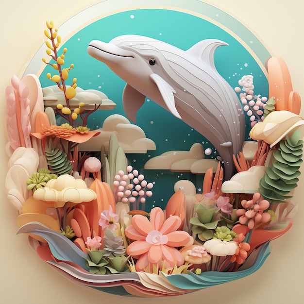 Rendering 3D di delfini con coralli
