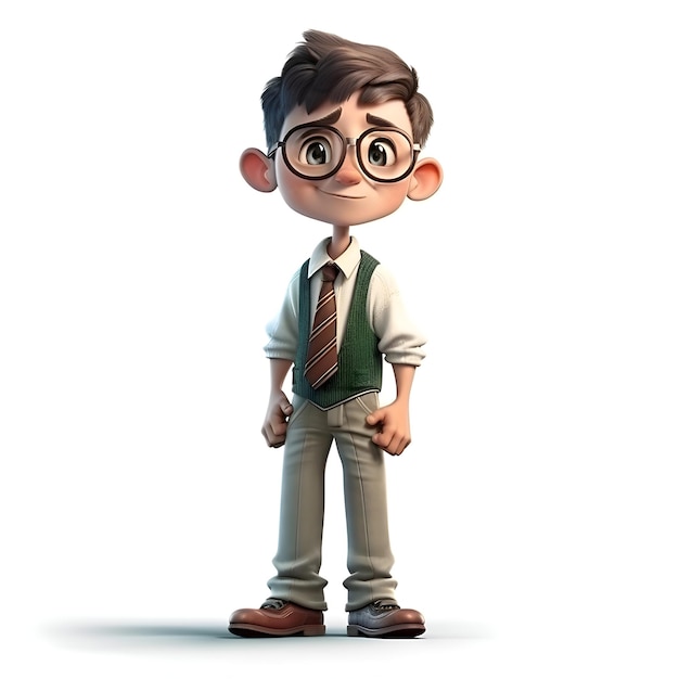 Rendering 3D di Little Boy con occhiali e cravatta su sfondo bianco