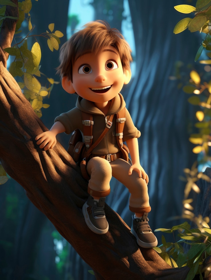 Foto gratuito rendering 3d di personaggi dei cartoni animati che esplorano come la foresta