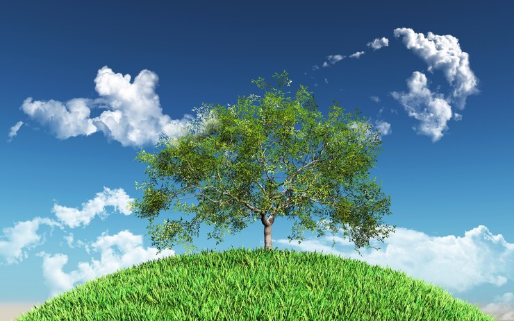 Foto gratuito rendering 3d di un albero salice su un globo erboso
