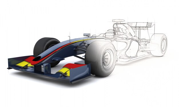 Rendering 3D di un'auto da corsa generica con metà nell'anteprima dello schizzo