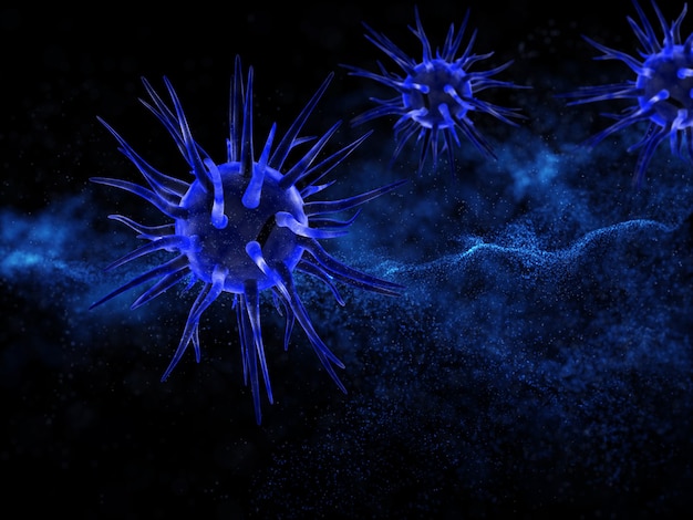 Rendering 3D di un background medico astratto con cellule virali