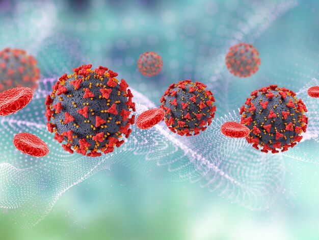 Rendering 3D di un background medico con cellule del virus Covid 19 e cellule del sangue
