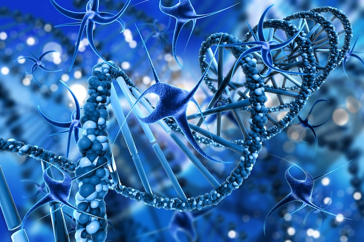 Foto gratuito rendering 3d di un background medico con cellule di virus astratte e fili di dna