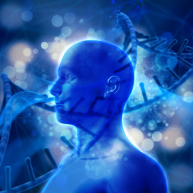 Rendering 3D di un background medico con filamenti di DNA e testa maschile