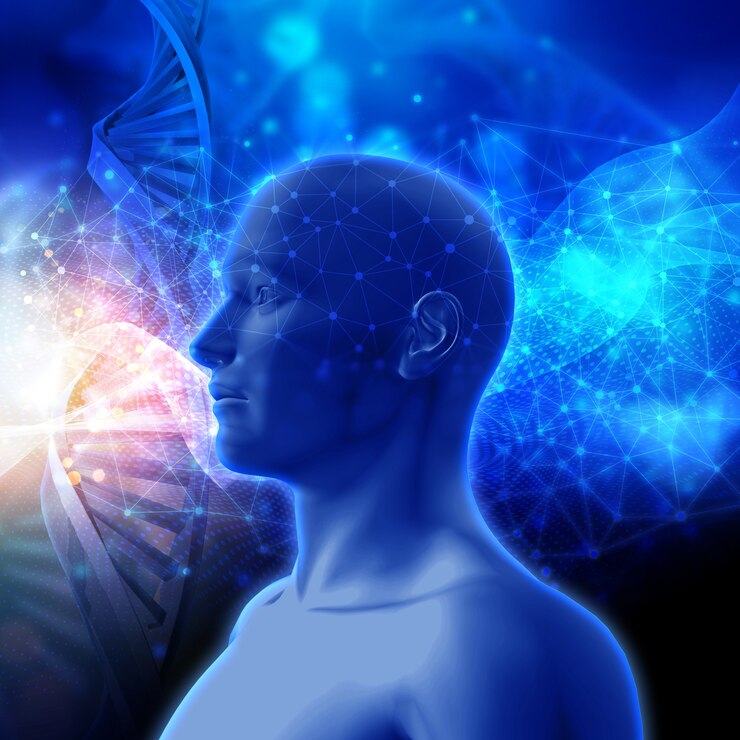 Foto gratuito rendering 3d di un background medico con filamenti di dna e testa maschile