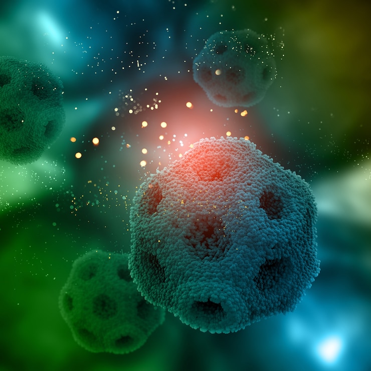 Foto gratuito rendering 3d di un background medico con le cellule di virus casuali