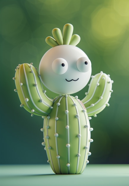 Rendering 3D di un cartone animato di cactus con una faccia amichevole