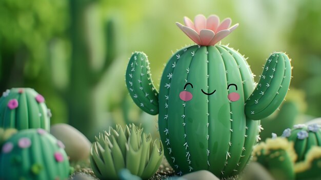 Rendering 3D di un cartone animato di cactus con una faccia amichevole