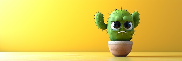 Rendering 3D di un cartone animato di cactus con una faccia amichevole