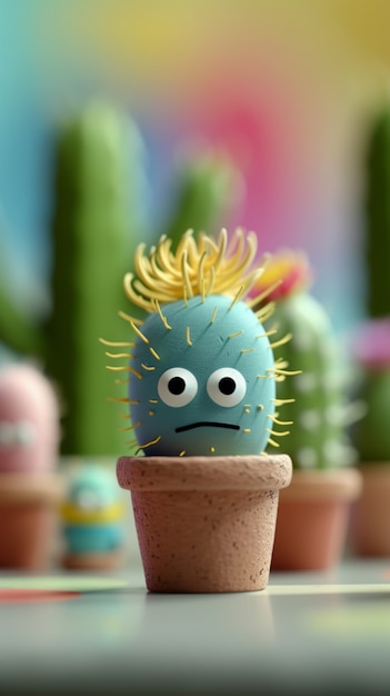 Rendering 3D di un cartone animato di cactus con una faccia amichevole