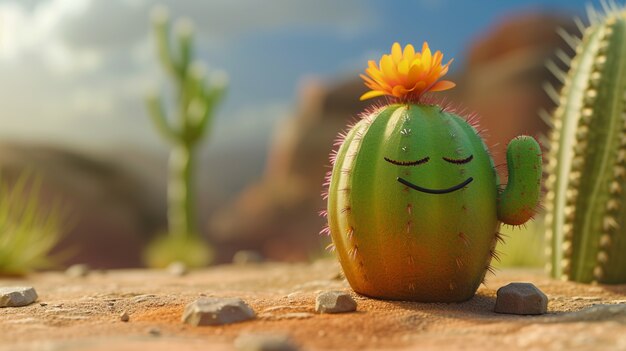 Rendering 3D di un cartone animato di cactus con una faccia amichevole