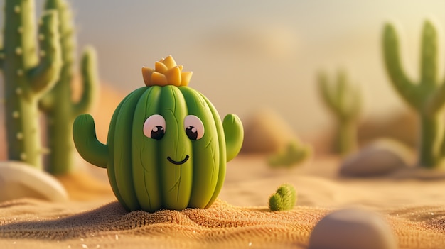 Rendering 3D di un cartone animato di cactus con una faccia amichevole