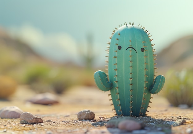 Rendering 3D di un cartone animato di cactus con una faccia amichevole