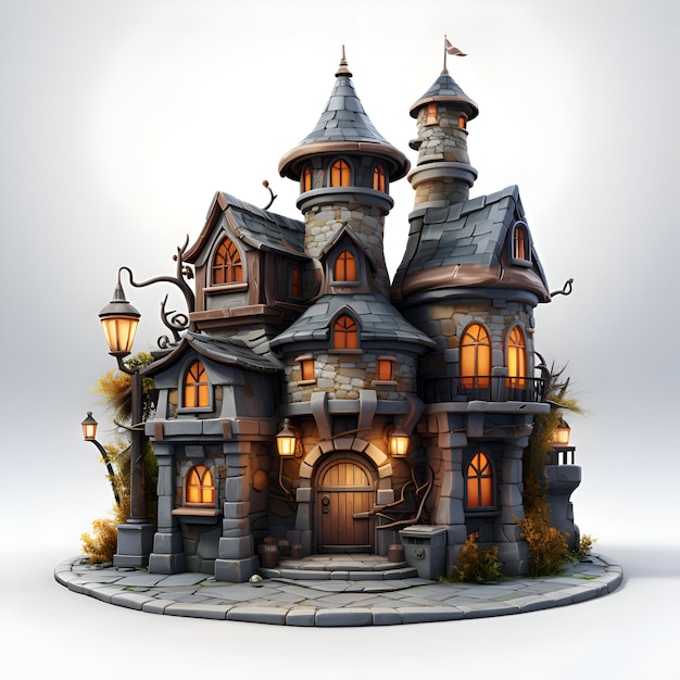 Rendering 3D di un castello di favole fantasy su uno sfondo bianco