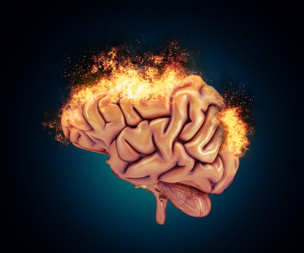 Rendering 3D di un cervello con fiamme