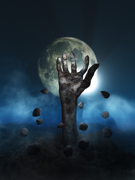 Rendering 3D di un concetto di Halloween con la mano di zombie che erutta dal terreno