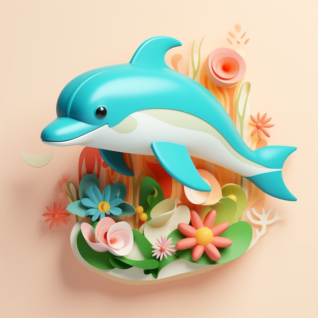 Rendering 3D di un delfino che nuota sopra un fiore