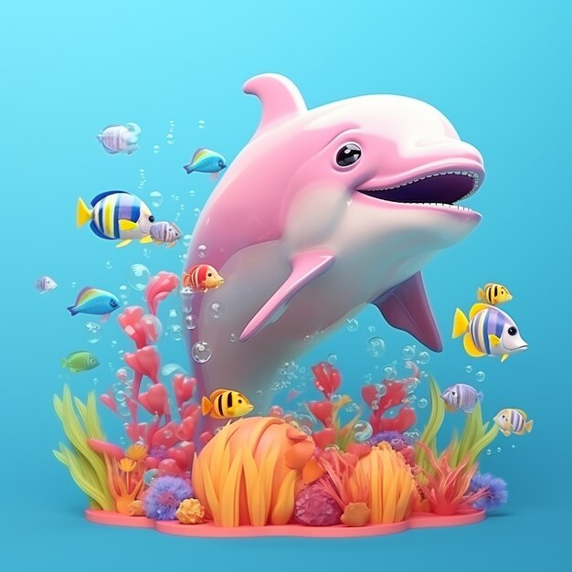 Rendering 3D di un delfino che nuota sopra un fiore