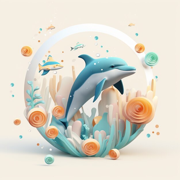 Rendering 3D di un delfino che nuota sopra un fiore