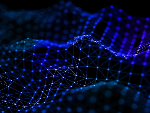 Rendering 3D di un design di connessioni di rete fluente con linee e punti di collegamento