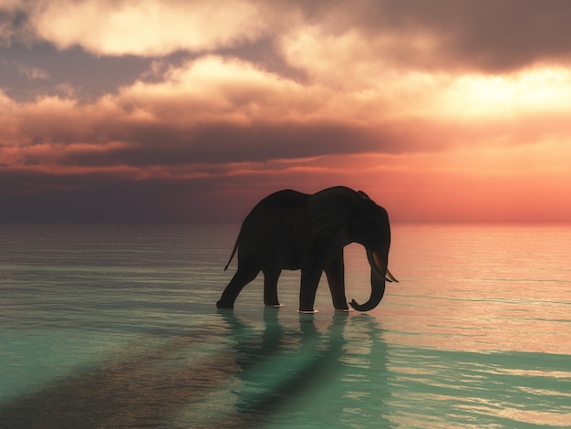 Rendering 3D di un elefante che cammina nell'oceano contro un cielo al tramonto