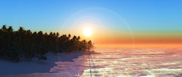 Rendering 3D di un'isola di palme al tramonto in widescreen