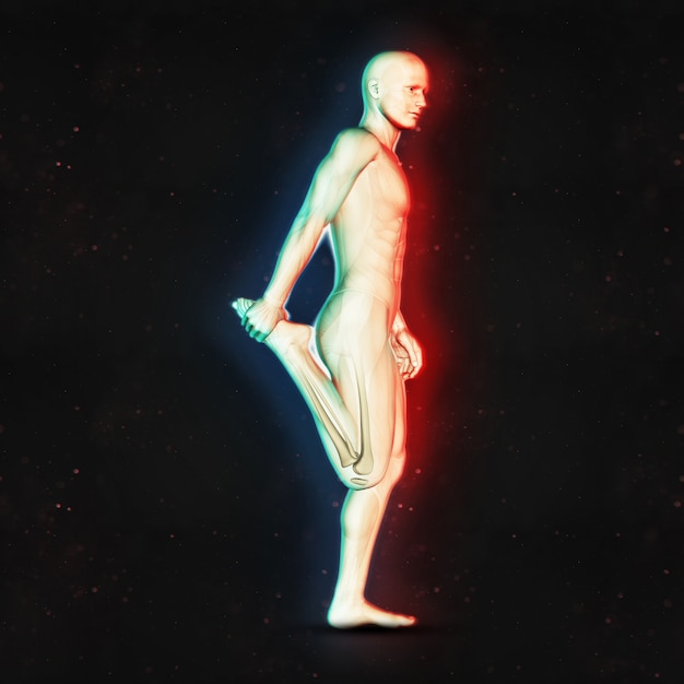 Rendering 3D di un maschio in posizione di stretching gamba con doppio effetto a colori