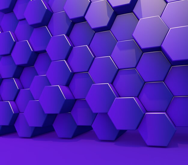 Rendering 3D di un muro di forme esagonali estruse viola lucide