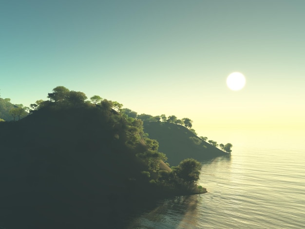 Rendering 3D di un paesaggio ad albero contro il cielo al tramonto