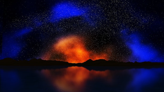Rendering 3D di un paesaggio con cielo notturno colorato