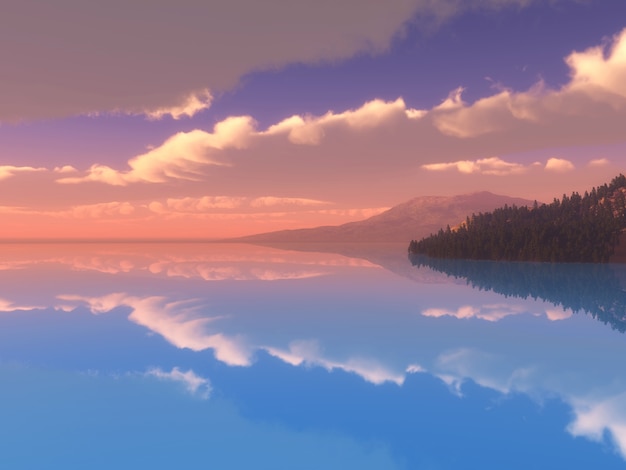 Rendering 3D di un paesaggio con isola di albero contro un cielo di tramonto