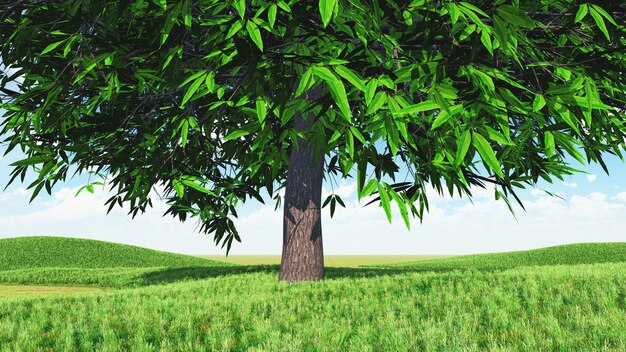 Rendering 3D di un paesaggio con un grande albero in un prato erboso