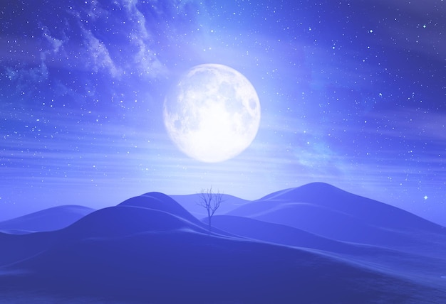 Rendering 3D di un paesaggio illuminato dalla luna contro il cielo stellato