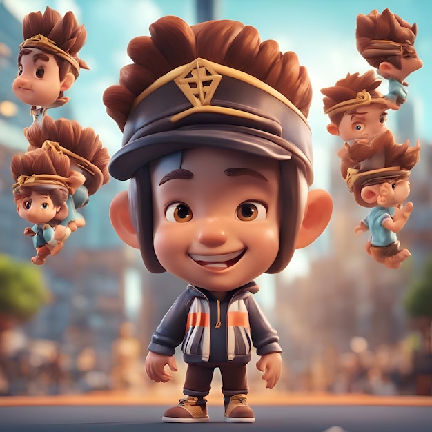 Rendering 3D di un ragazzino in costume di pirata in piedi su una strada della città