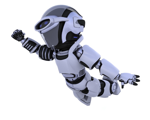 Rendering 3D di un robot che vola attraverso il cielo