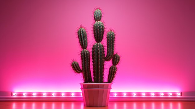 Rendering 3D di un vibrante cactus al neon nel deserto.