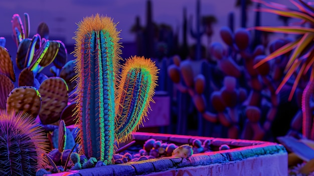 Rendering 3D di un vibrante cactus al neon nel deserto.