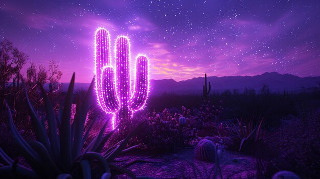 Rendering 3D di un vibrante cactus al neon nel deserto.