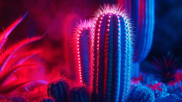 Rendering 3D di un vibrante cactus al neon nel deserto.