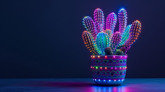 Rendering 3D di un vibrante cactus al neon nel deserto.