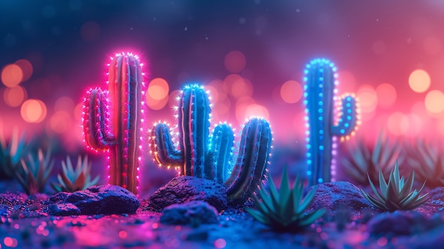 Rendering 3D di un vibrante cactus al neon nel deserto.