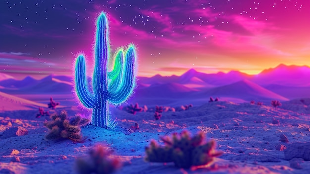 Rendering 3D di un vibrante cactus al neon nel deserto.