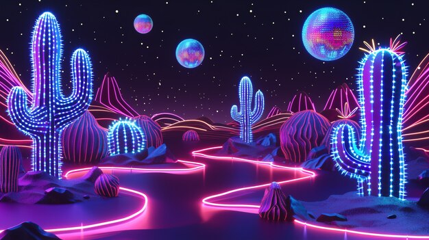 Rendering 3D di un vibrante cactus al neon nel deserto.