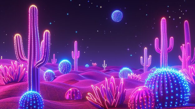 Rendering 3D di un vibrante cactus al neon nel deserto.