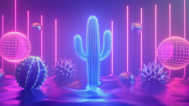 Rendering 3D di un vibrante cactus al neon nel deserto.