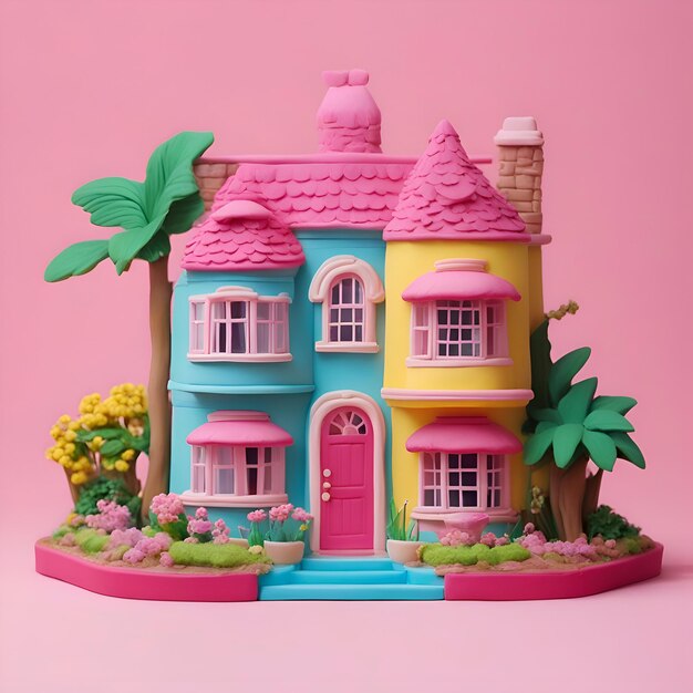 Rendering 3d di una casa fatta di plastilina su uno sfondo rosa