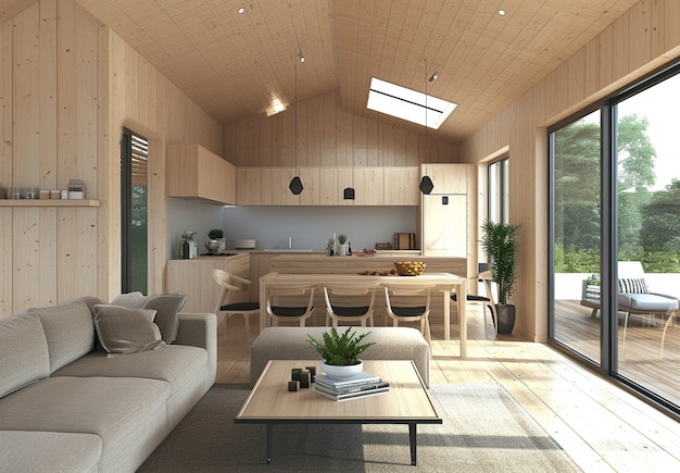 Rendering 3D di una casa in legno