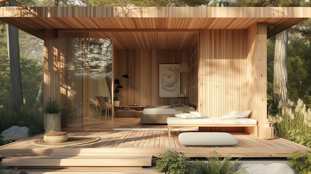 Rendering 3D di una casa in legno